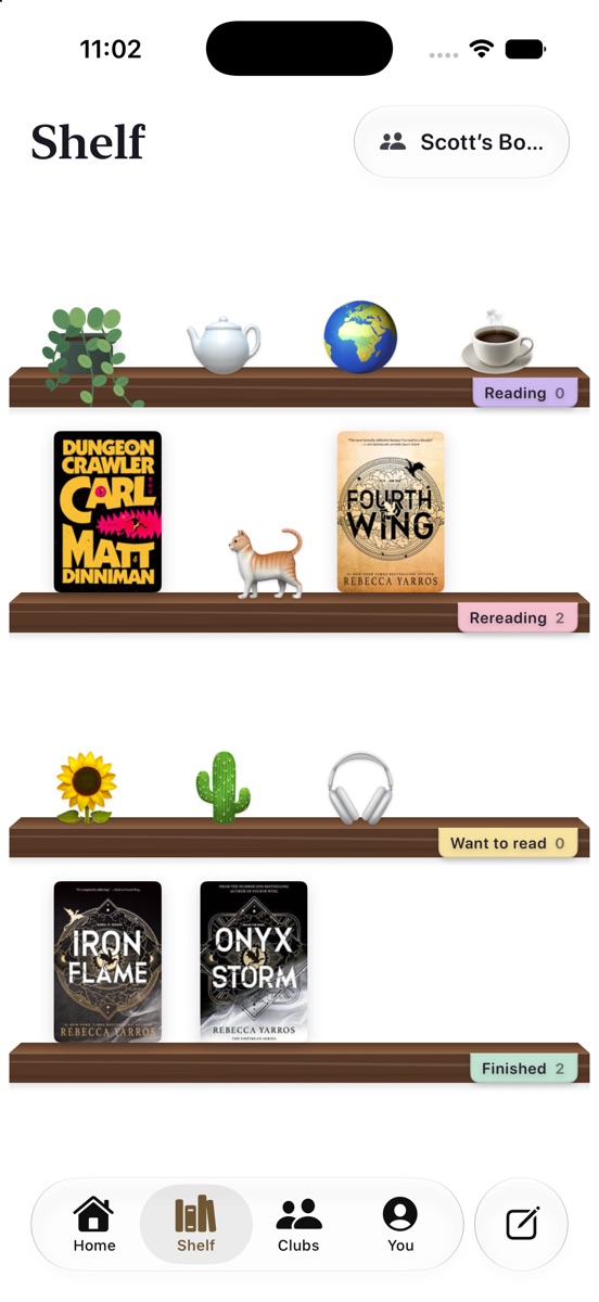 A club shelf with shared books and decorations